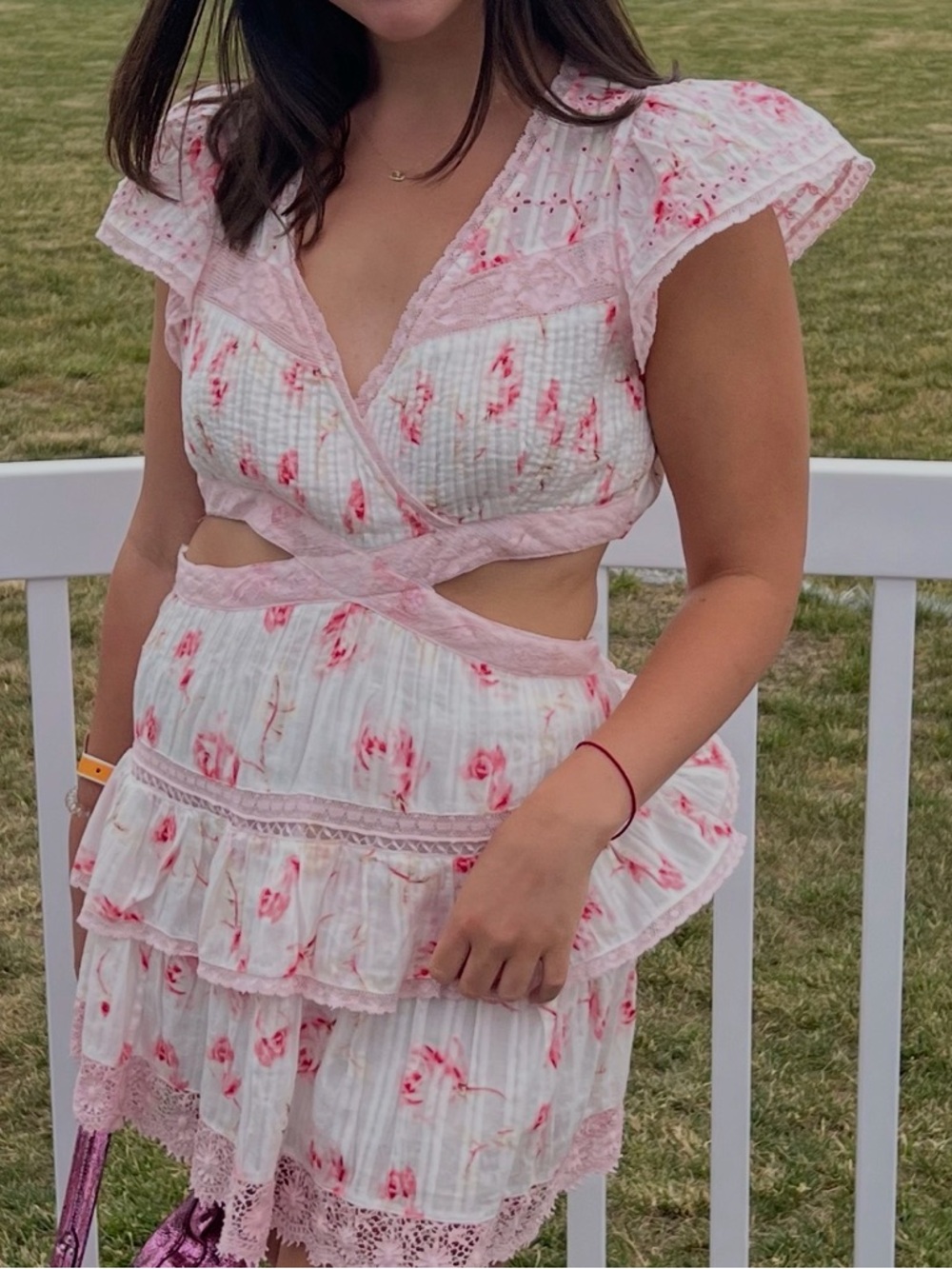 LoveShackFancy White Dress with Pink Floral Accents
